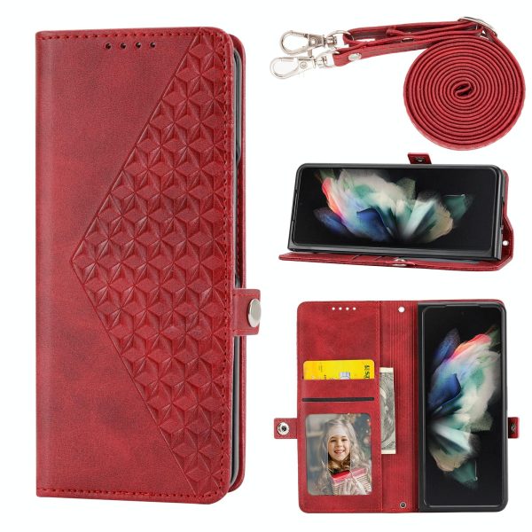 Leather Grid Texture Phone Case with Lanyard for Samsung Galaxy z Fold 4 - Red