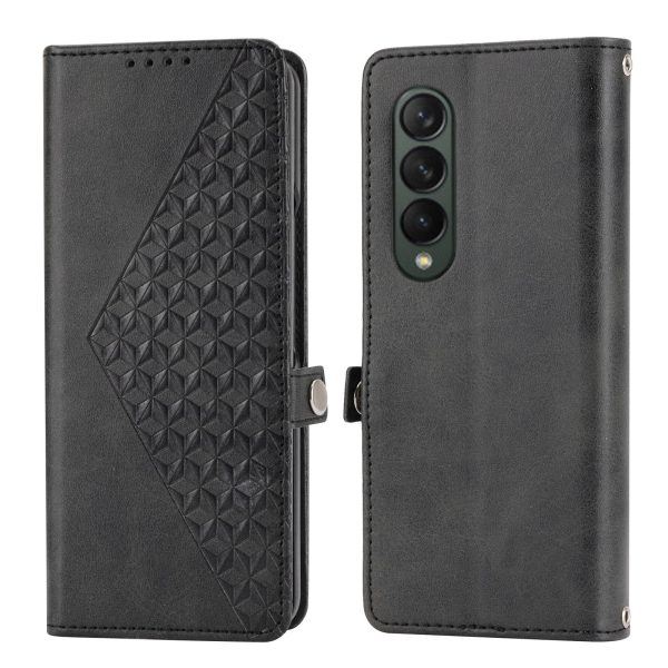 Leather Grid Texture Phone Case with Lanyard for Samsung Galaxy z Fold 4 - Red - Image 3