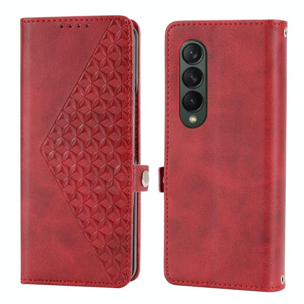 Leather Grid Texture Phone Case with Lanyard for Samsung Galaxy z Fold 4 - Red - Image 9