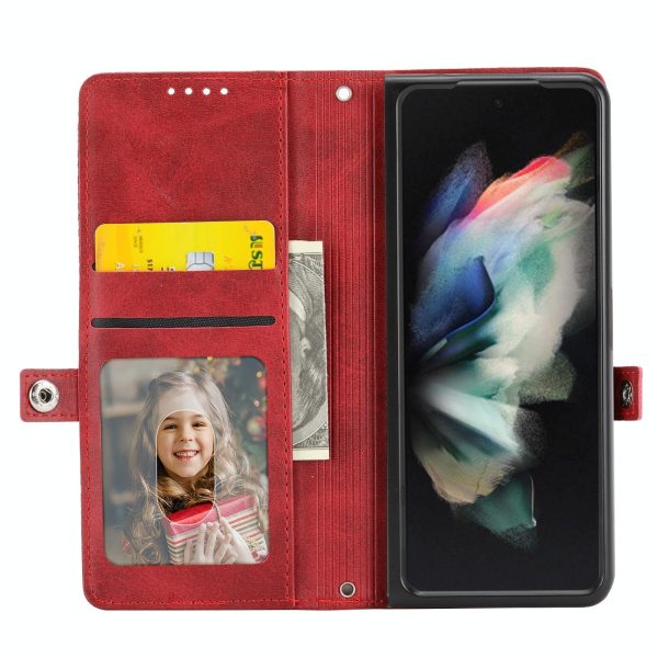 Leather Grid Texture Phone Case with Lanyard for Samsung Galaxy z Fold 4 - Red - Image 10