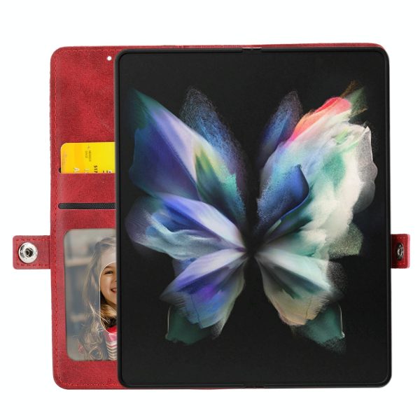 Leather Grid Texture Phone Case with Lanyard for Samsung Galaxy z Fold 4 - Red - Image 11