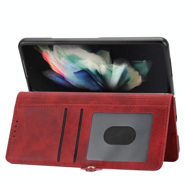 Leather Grid Texture Phone Case with Lanyard for Samsung Galaxy z Fold 4 - Red - Image 12