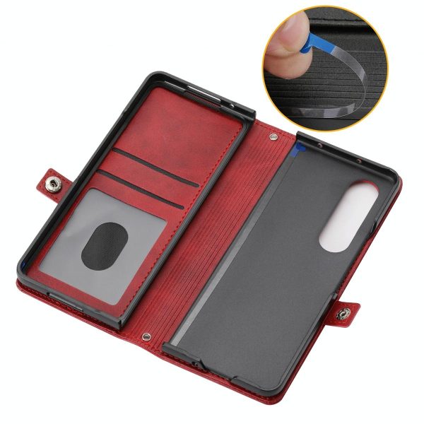Leather Grid Texture Phone Case with Lanyard for Samsung Galaxy z Fold 4 - Red - Image 13