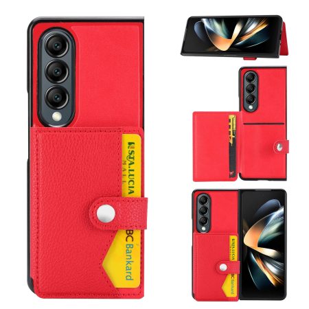 For Samsung Galaxy z Fold4 5G Litchi Pattern Single Button Card Holder Phone Case - Red