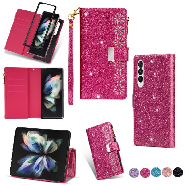 Sparkling Leather Zip Case for Samsung Galaxy z Fold 4 - Zipper Closure - Rose Red
