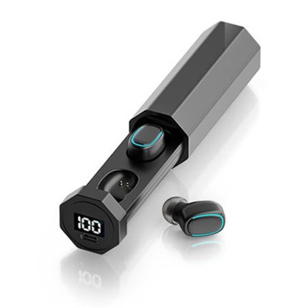 True Wireless Bluetooth Earphones with Digital Display and Charging Box - Black
