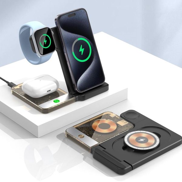 15W 5 In 1 Foldable Magnetic Wireless Charger With Night Light - Black - Image 3