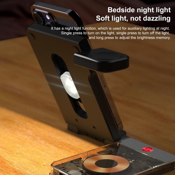 15W 5 In 1 Foldable Magnetic Wireless Charger With Night Light - Black - Image 9
