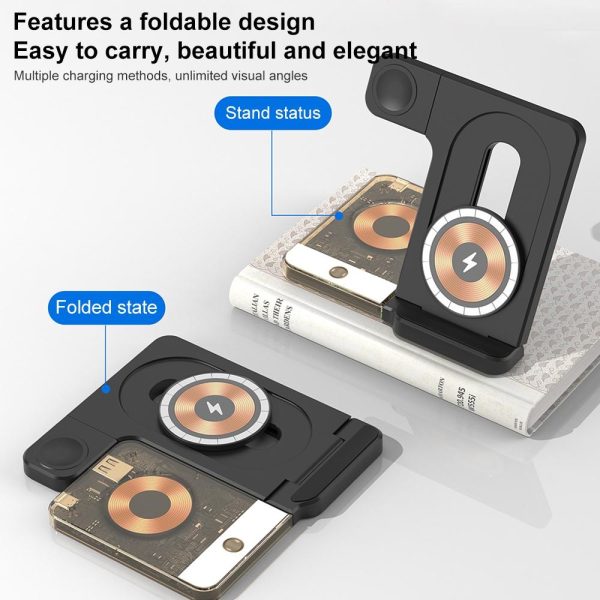 15W 5 In 1 Foldable Magnetic Wireless Charger With Night Light - Black - Image 10