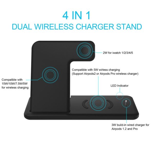 4 In 1 Wireless Charger Stand For Iphone Apple Watch Airpods Dual Phone Charging Black - Image 3