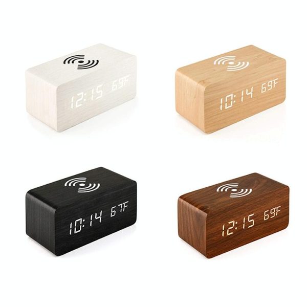 5W Wooden Wireless Charger With Led Mirror Display And Sub Alarm Clock - White Wood - Image 3