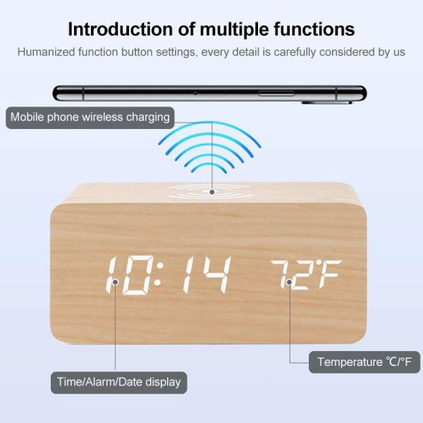 5W Wooden Wireless Charger With Led Mirror Display And Sub Alarm Clock - White Wood - Image 4