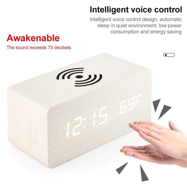 5W Wooden Wireless Charger With Led Mirror Display And Sub Alarm Clock - White Wood - Image 6