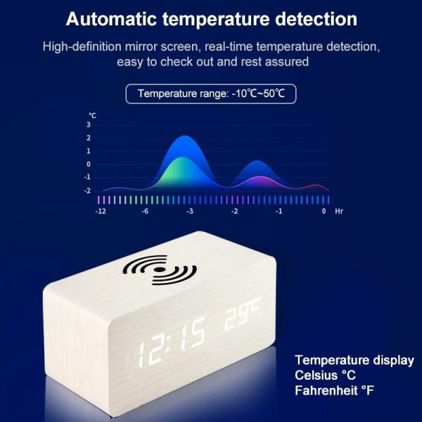 5W Wooden Wireless Charger With Led Mirror Display And Sub Alarm Clock - White Wood - Image 7