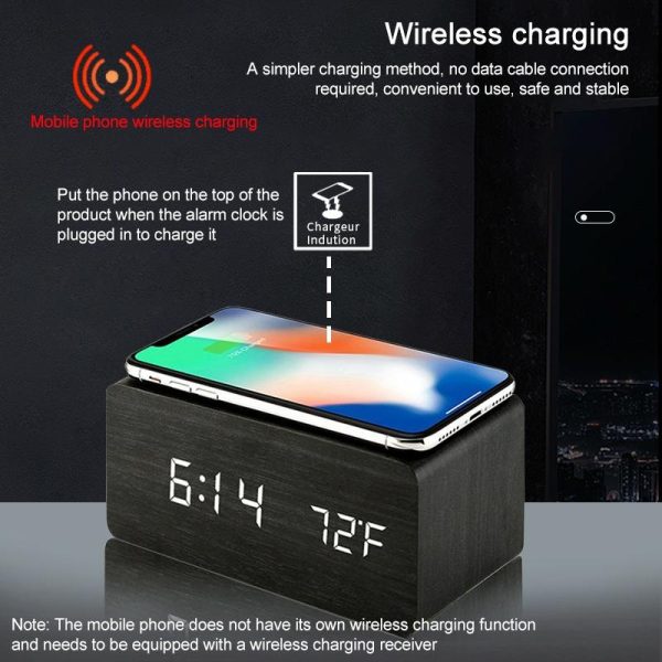 5W Wooden Wireless Charger With Led Mirror Display And Sub Alarm Clock - White Wood - Image 8
