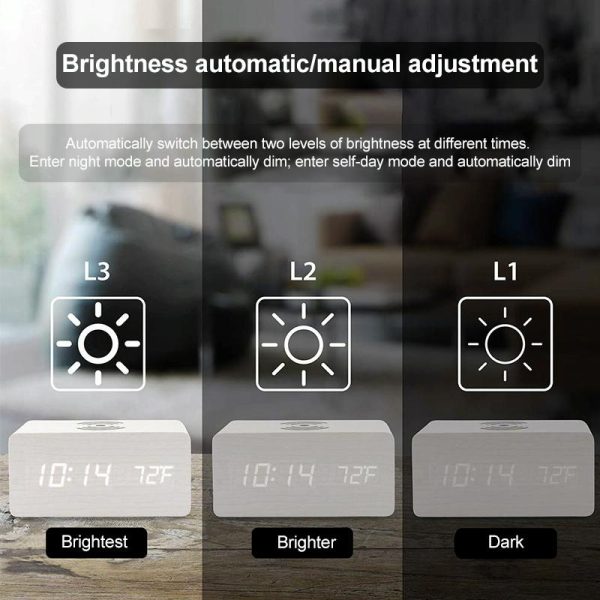 5W Wooden Wireless Charger With Led Mirror Display And Sub Alarm Clock - White Wood - Image 9