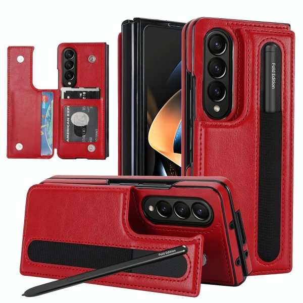 Double Buckle Foldable Phone Case with Pen Slot - Red - Image 2