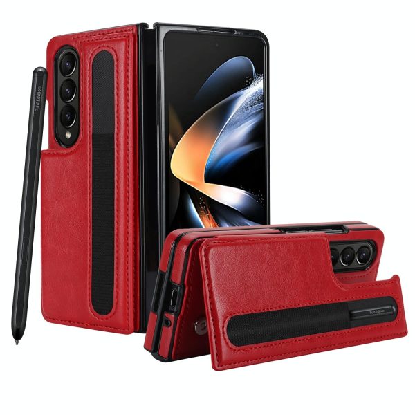 Double Buckle Foldable Phone Case with Pen Slot - Red - Image 3