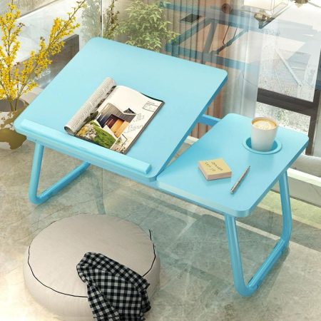 Adjustable Folding Laptop Desk with Cup Holder - Four-speed Lifting Table for Dorms - Sky Blue