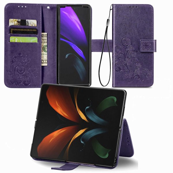 Embossed Leather Phone Case for Samsung Galaxy z Fold 4 with Four Leaf Clasp - Blue - Image 2