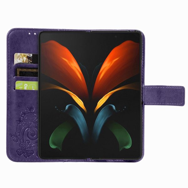 Embossed Leather Phone Case for Samsung Galaxy z Fold 4 with Four Leaf Clasp - Blue - Image 5
