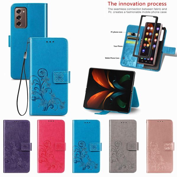 Embossed Leather Phone Case for Samsung Galaxy z Fold 4 with Four Leaf Clasp - Blue - Image 7