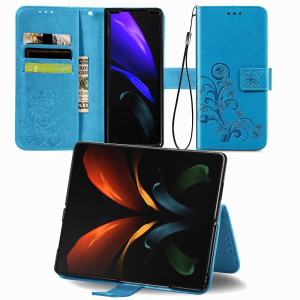 Embossed Leather Phone Case for Samsung Galaxy z Fold 4 with Four Leaf Clasp - Blue - Image 8