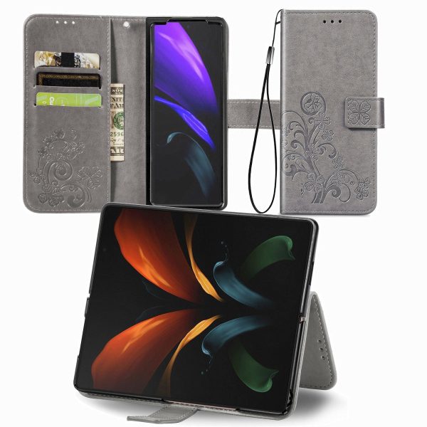 Embossed Leather Phone Case for Samsung Galaxy z Fold 4 with Four Leaf Clasp - Blue - Image 13