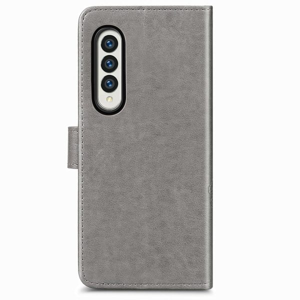 Embossed Leather Phone Case for Samsung Galaxy z Fold 4 with Four Leaf Clasp - Blue - Image 15