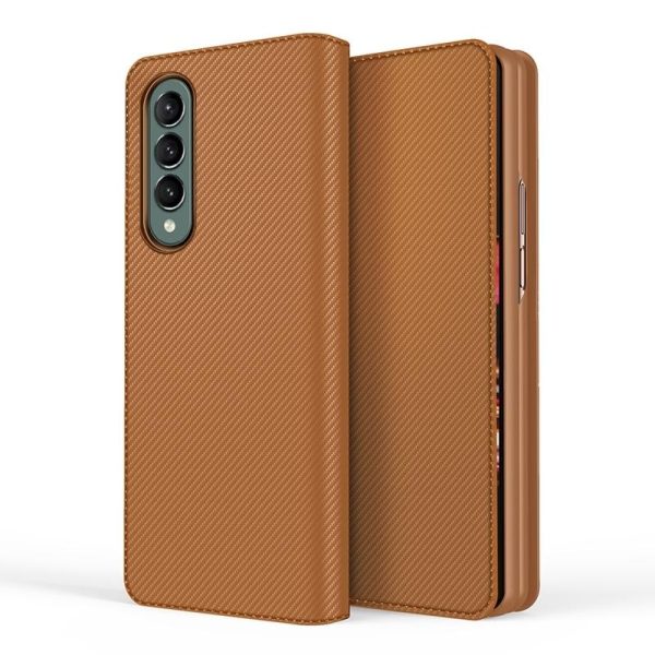 Foldable Leather Phone Case for Samsung Galaxy z Fold 4 - Horizontal Flip - Plain Brown - Image 12
