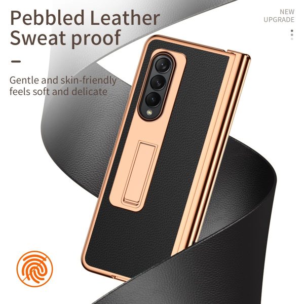 Premium Litchi Leather Hinged Phone Case for Samsung Galaxy z Fold 4 - with Pen - Gold - Image 3