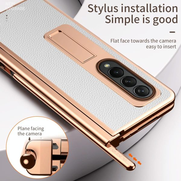 Premium Litchi Leather Hinged Phone Case for Samsung Galaxy z Fold 4 - with Pen - Gold - Image 14