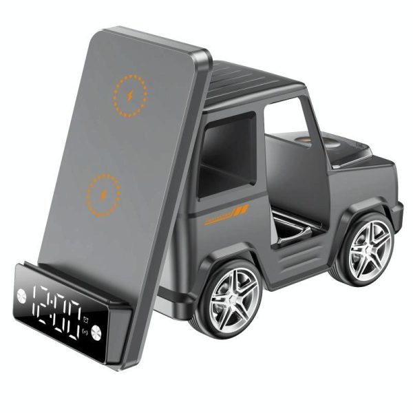 6 In 1 Car Shape Speaker With Clock & Wireless Charger - White - Image 3