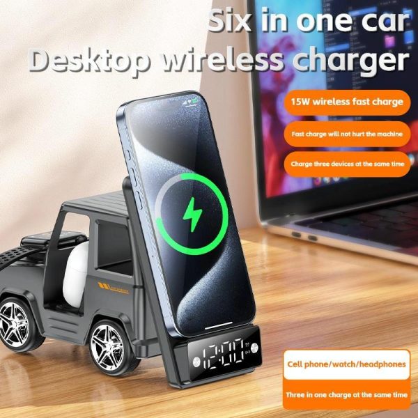 6 In 1 Car Shape Speaker With Clock & Wireless Charger - White - Image 5