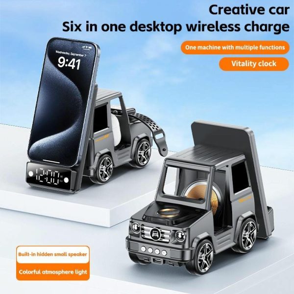 6 In 1 Car Shape Speaker With Clock & Wireless Charger - White - Image 6