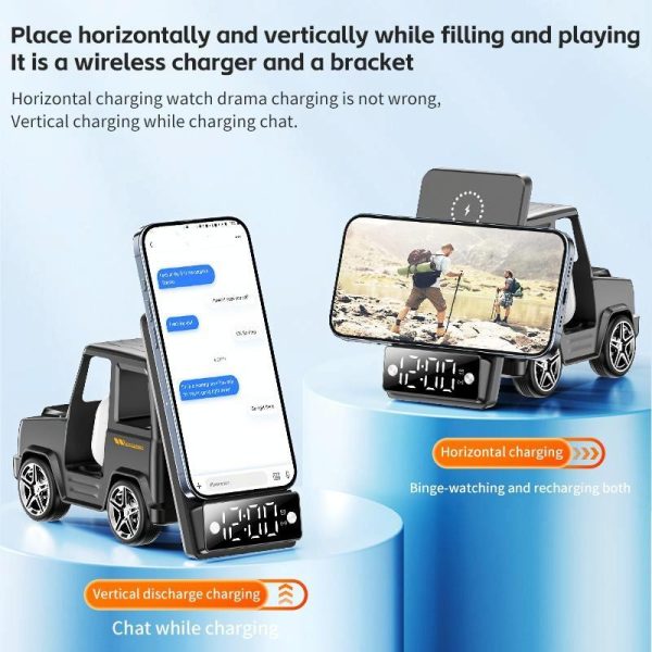 6 In 1 Car Shape Speaker With Clock & Wireless Charger - White - Image 7