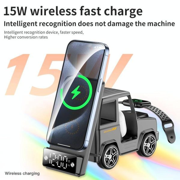 6 In 1 Car Shape Speaker With Clock & Wireless Charger - White - Image 8