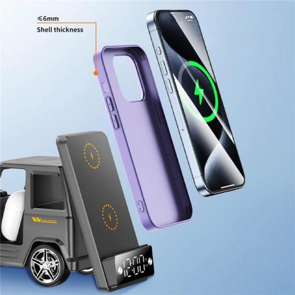 6 In 1 Car Shape Speaker With Clock & Wireless Charger - White - Image 10