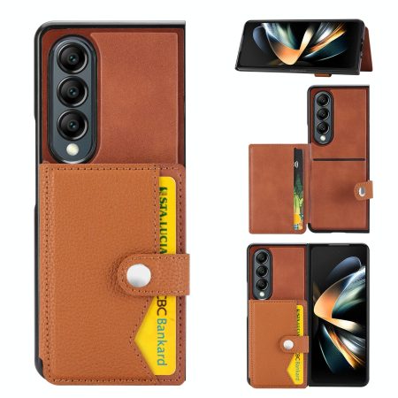 For Samsung Galaxy z Fold4 5G Litchi Pattern Single Button Card Holder Phone Case - Brown