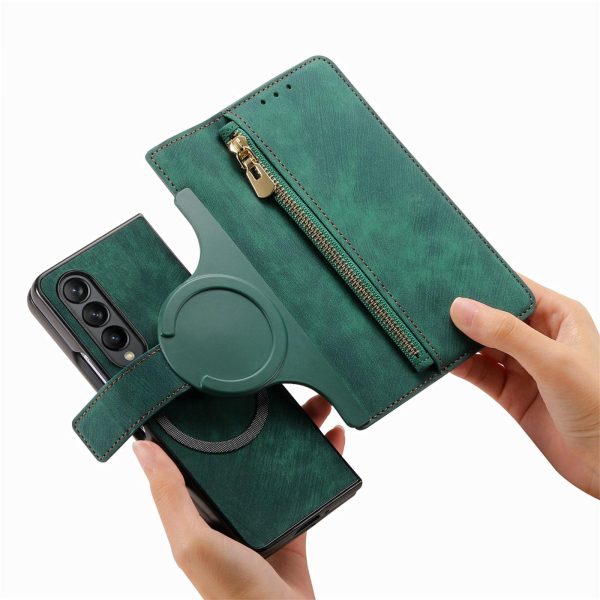 Vintage Magnetic Wallet Case for Samsung Galaxy z Fold 4 - Zipper Closure - Green - Image 7