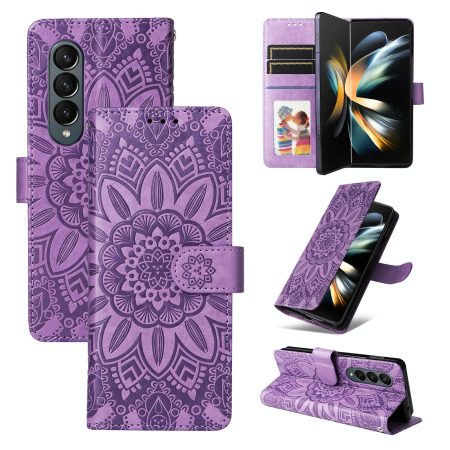 Sunflower Embossed Leather Phone Case for Samsung Galaxy z Fold 4 / 5g - Purple