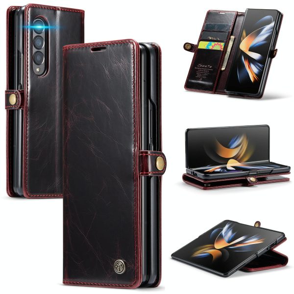 Premium Crazy Horse Leather Phone Case for Samsung Galaxy z Fold 4 - Wine Red