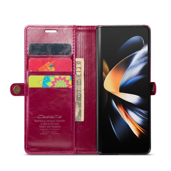 Premium Crazy Horse Leather Phone Case for Samsung Galaxy z Fold 4 - Wine Red - Image 5