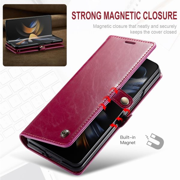 Premium Crazy Horse Leather Phone Case for Samsung Galaxy z Fold 4 - Wine Red - Image 8