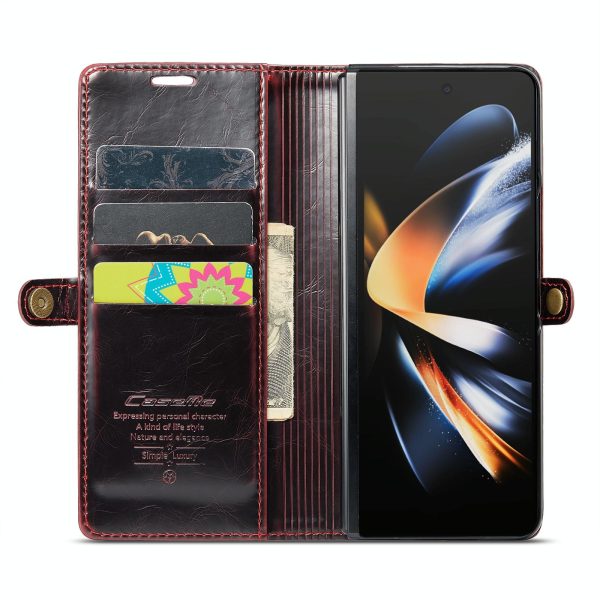 Premium Crazy Horse Leather Phone Case for Samsung Galaxy z Fold 4 - Wine Red - Image 12