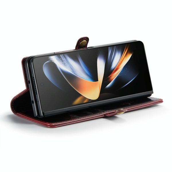 Premium Crazy Horse Leather Phone Case for Samsung Galaxy z Fold 4 - Wine Red - Image 13