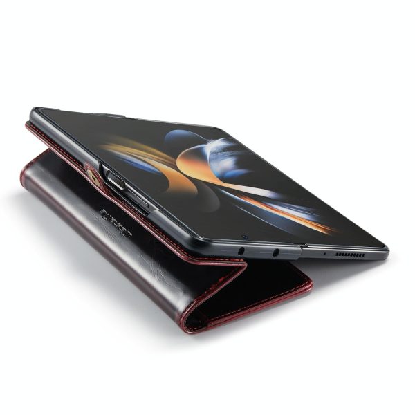 Premium Crazy Horse Leather Phone Case for Samsung Galaxy z Fold 4 - Wine Red - Image 14