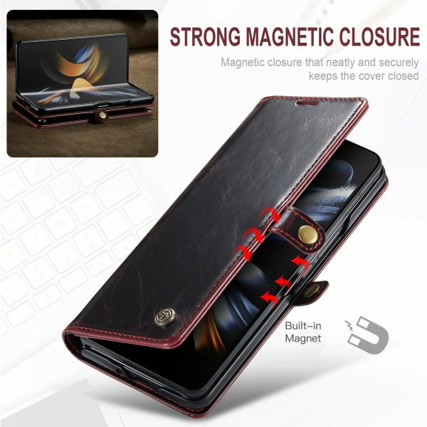 Premium Crazy Horse Leather Phone Case for Samsung Galaxy z Fold 4 - Wine Red - Image 15