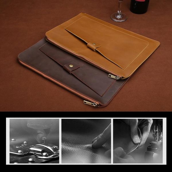 Premium Leather Business Laptop Bag With Zipper - Universal Fit - Coffee - Image 8