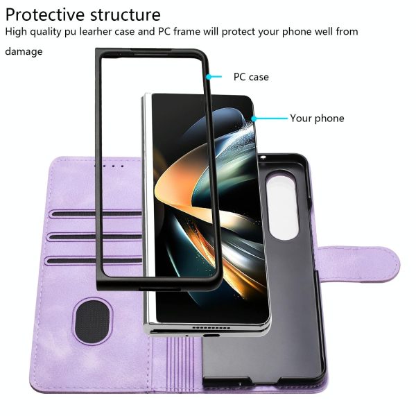 Smooth Leather Phone Case for Samsung Galaxy z Fold 4 - Line Pattern - Light Purple - Image 5